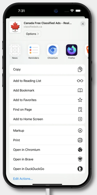 Screenshot showing the share icon in the bottom center of the Safari browser.