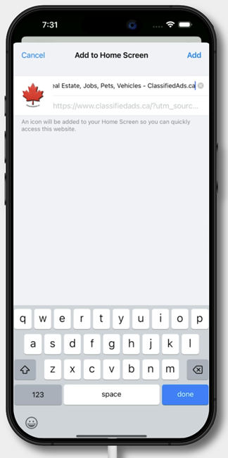 Screenshot of the Safari share menu with 'Add to Home Screen' highlighted.